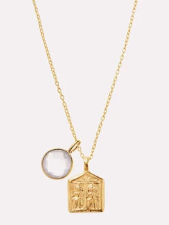 Goddess Charms Warriors Of Love Pendant Necklace With Rose Quartz Power Stone - Gold